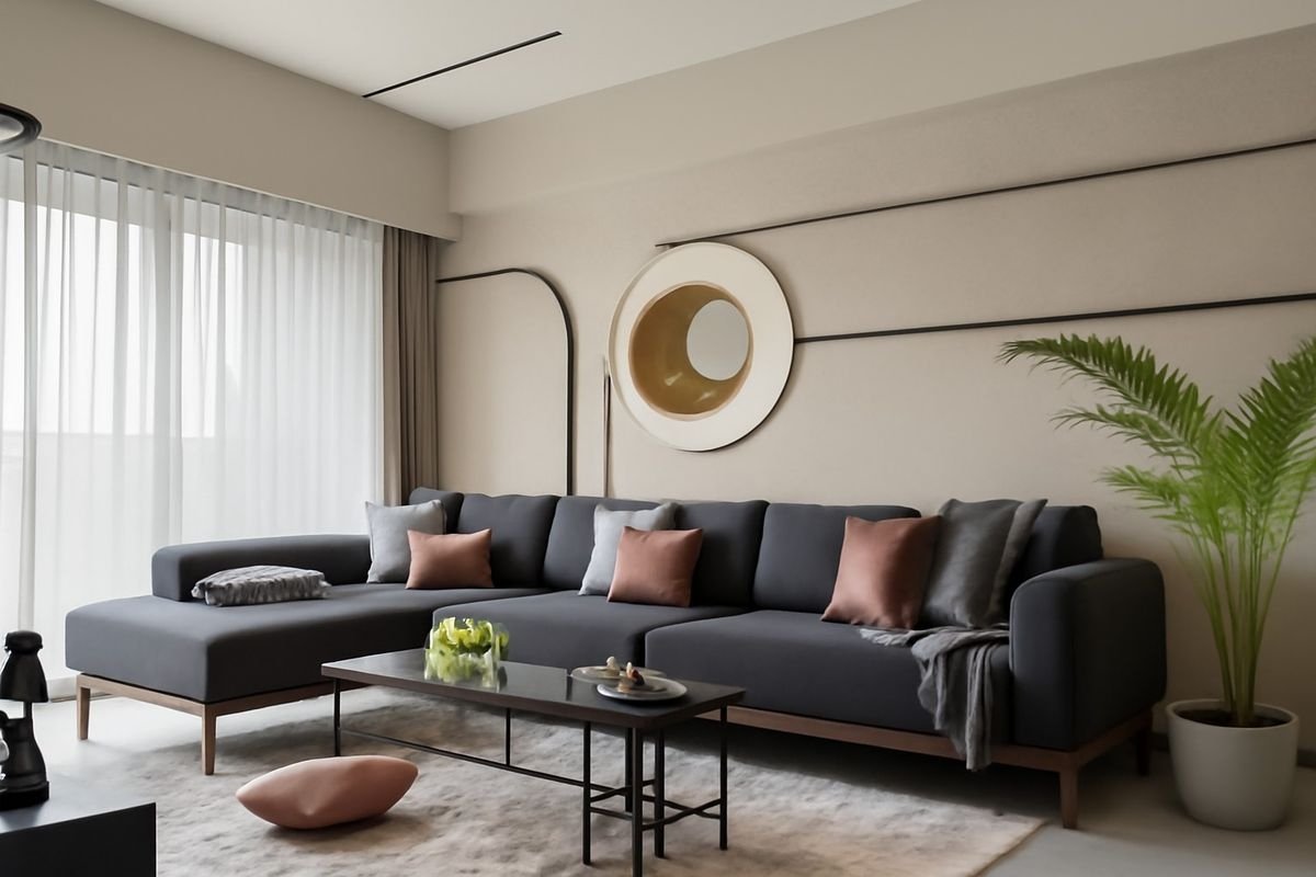 Modern living room design in a Bangalore apartment with neutral tones and wooden furniture