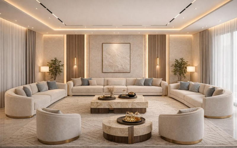 Textured feature wall behind a living room sofa with warm lighting